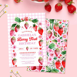 Invitation Berry fraise 1er aquarelle d'anniversaire