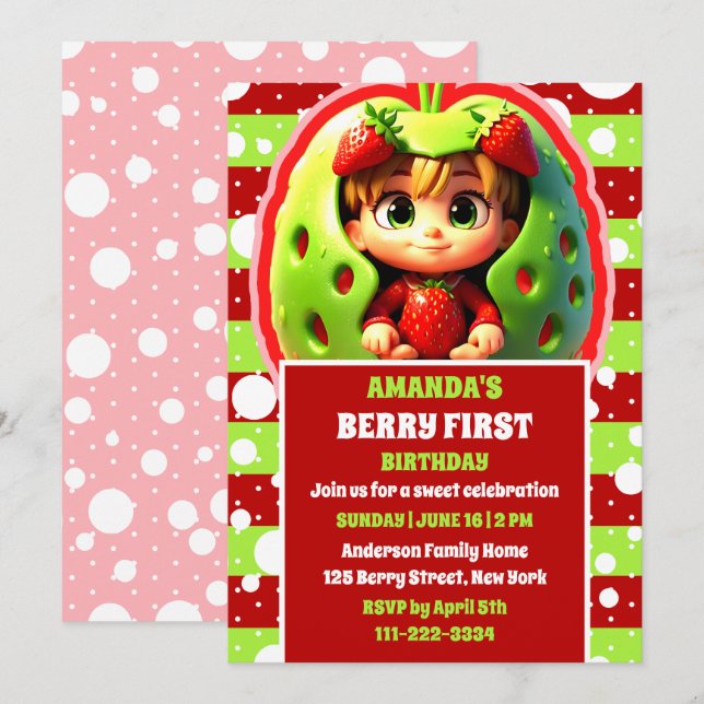 Invitation Berry fraise 3D Premier anniversaire (Devant / Derrière)
