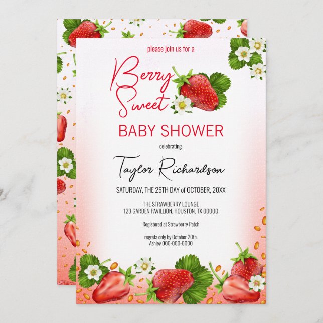 Invitation Berry fraise Baby shower sucré (Devant / Derrière)