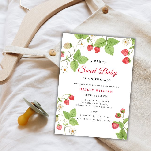 Invitation Berry fraise Baby shower vert doux (Strawberry Berry Sweet Greenery Baby Shower Invitation)