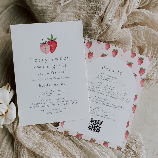 Invitation Berry fraise HEIDI Sweet Twin Girl Baby Douche (HEIDI Strawberry Berry Sweet Twin Girl Baby Shower Invitation)