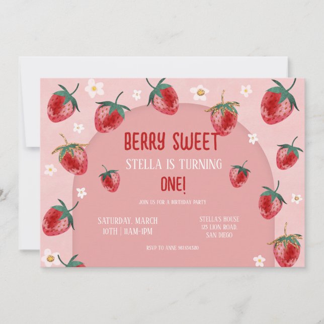 Invitation Berry fraise minimaliste Premier anniversaire (Devant)