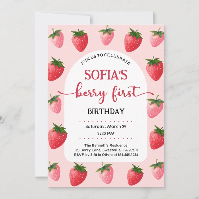 Invitation Berry fraise Premier anniversaire (Devant)