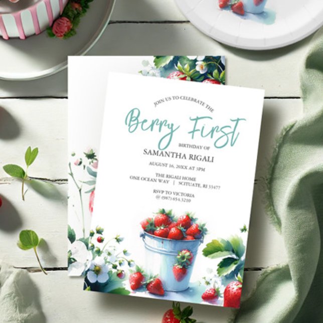 Invitation Berry fraise Premier anniversaire (Berry first birthday invitation features watercolor strawberry art in shades of red. )
