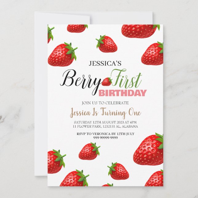 Invitation Berry fraise Premier anniversaire Simple mignonne  (Devant)