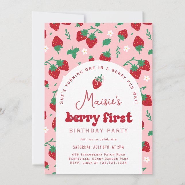 Invitation Berry fraise rouge Première fête d'anniversaire (Devant)