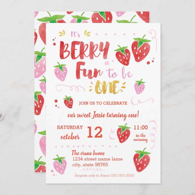 Invitation Berry Fun être UN premier anniversaire (Devant / Derrière)