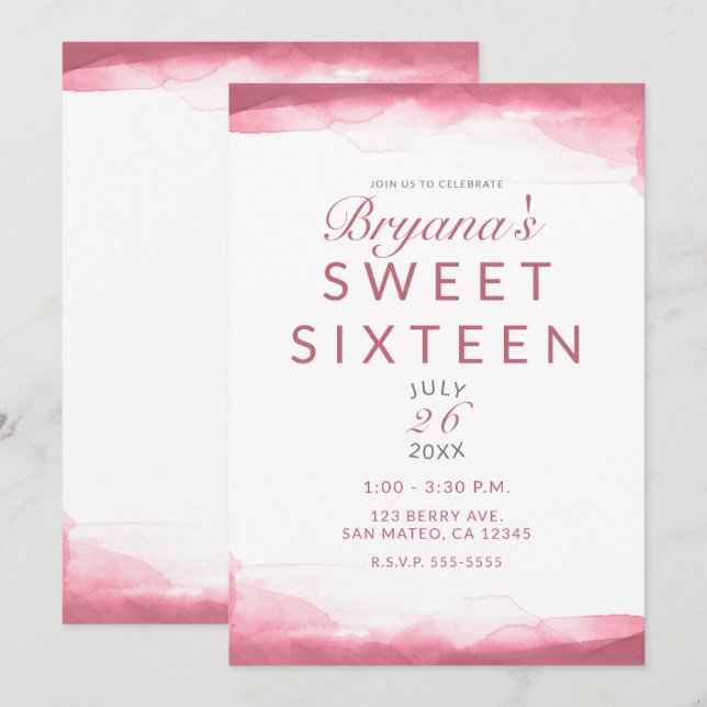 Invitation Berry Mauve Aquarelle rose Moderne Sweet 16 (Devant / Derrière)