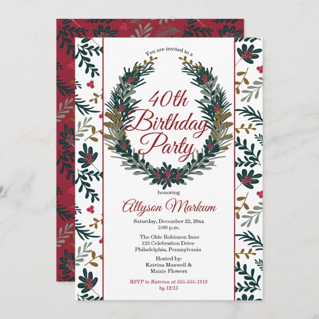 Invitation Berry| Pine Wreath 40e anniversaire (Devant / Derrière)