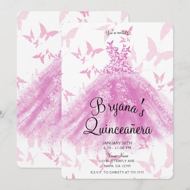 Invitation Berry Pink Butfly Dance robe Quinceañera (Devant / Derrière)