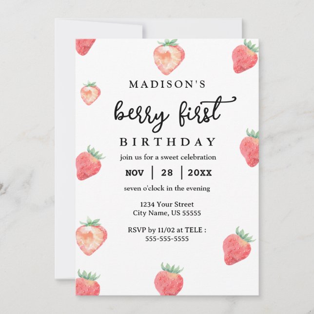 Invitation Berry Premier anniversaire 1er anniversaire fraise (Devant)