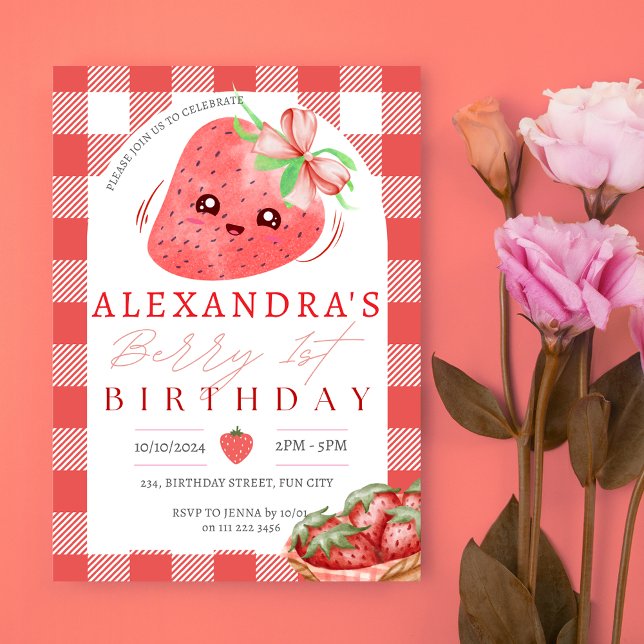Invitation Berry premier anniversaire Fille fraise 1er annive (Berry First Birthday Strawberry Girl 1st Birthday Invitation)