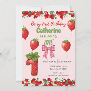 Invitation Berry premier anniversaire - Fille rose fraise