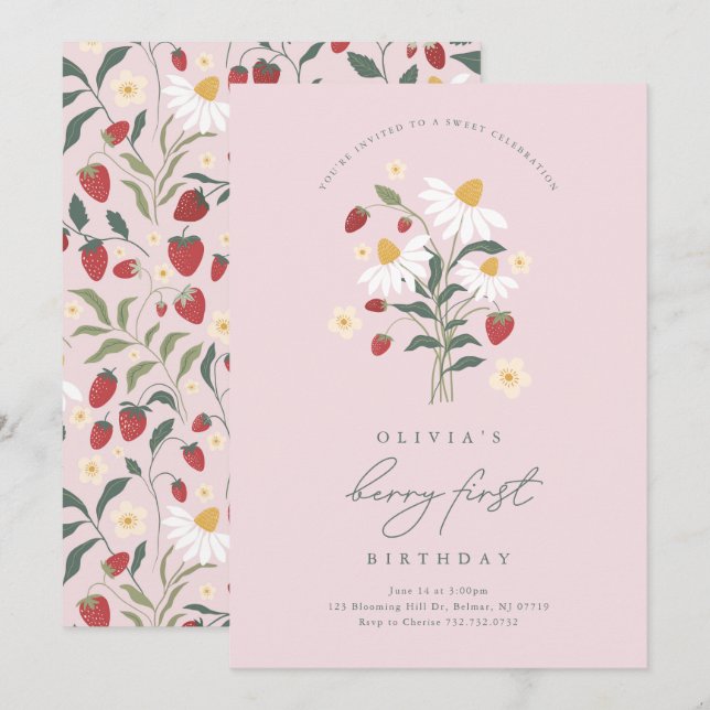 Invitation Berry Premier anniversaire fraise (Devant / Derrière)