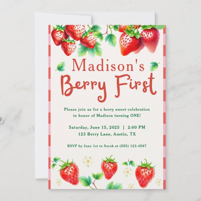 Invitation Berry Premier anniversaire - Fraise 1ère Fille (Devant)