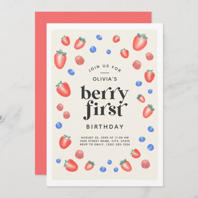 Invitation Berry Premier anniversaire fraise Anniversaire (Devant / Derrière)