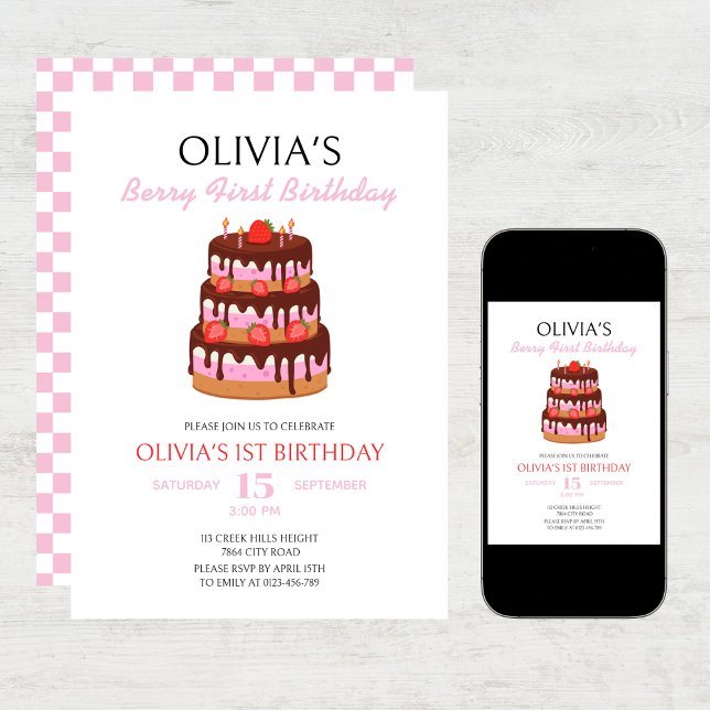 Invitation Berry Premier anniversaire Gâteau fraise Anniversa (Créateur téléchargé)