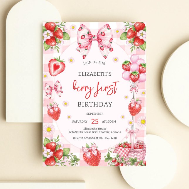 Invitation Berry Premier Anniversaire Rose Ruban Fraise (Créateur téléchargé)