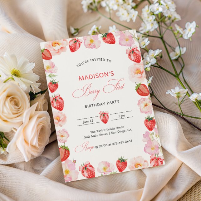 Invitation Berry Premier Anniversaire Strawberry Bow 1er Anni (Créateur téléchargé)