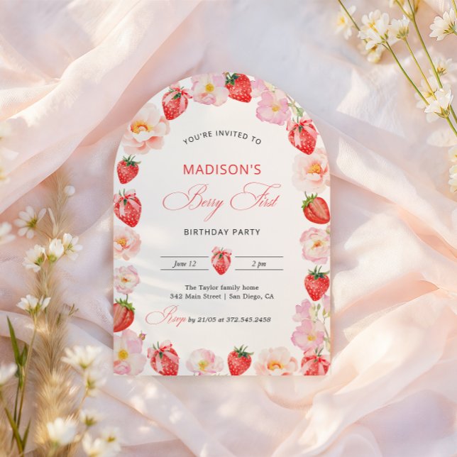 Invitation Berry Premier Anniversaire Strawberry Bow 1er Anni (Créateur téléchargé)