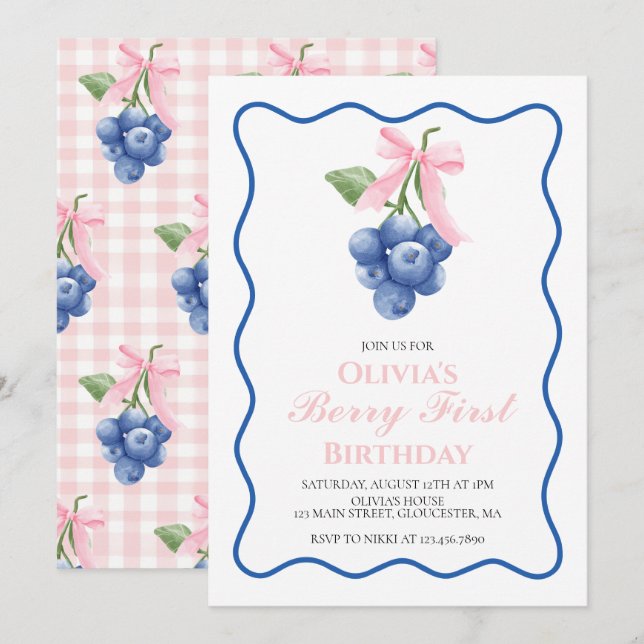 Invitation Berry Premier Blueberry Pink Bow Coquette annivers (Devant / Derrière)