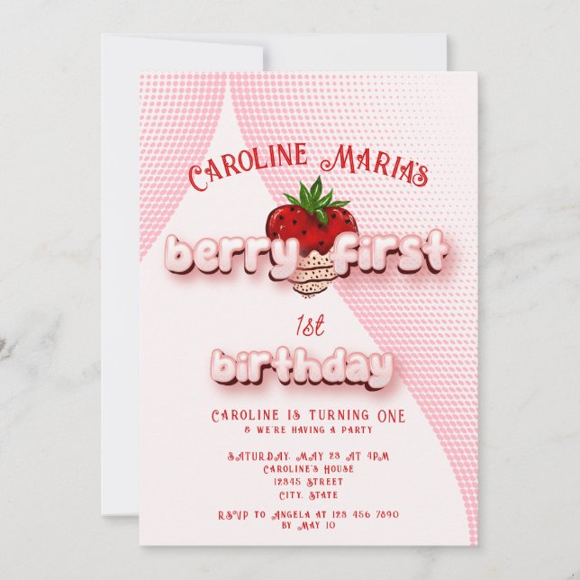 Invitation Berry Premier Fraise Rouge Et Rose Fraise Annivers (Devant)