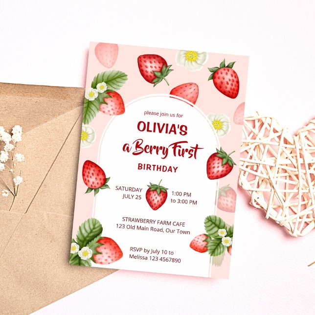 Invitation Berry premier modèle fête d'anniversaire fraise (Berry first whimsical cute strawberry birthday party invitation editable template instant download )