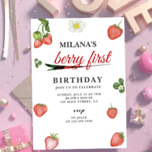 Invitation Berry Première aquarelle fraise 1er anniversaire