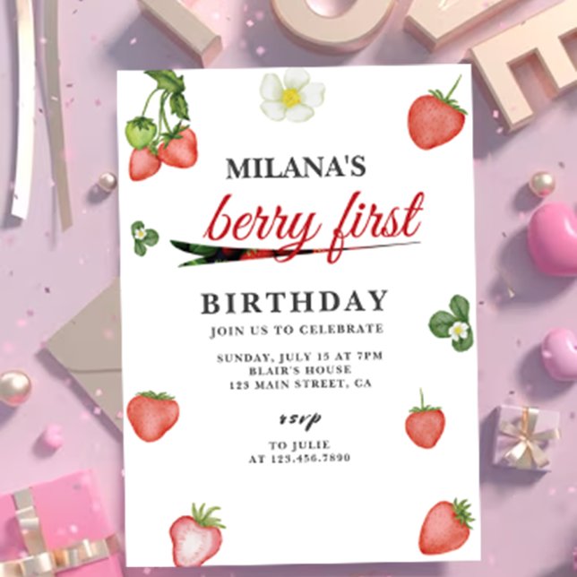 Invitation Berry Première aquarelle fraise 1er anniversaire (Berry first 1st Birthday invitation card mockup)
