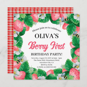 Invitation Berry Première aquarelle fraise 1er anniversaire e