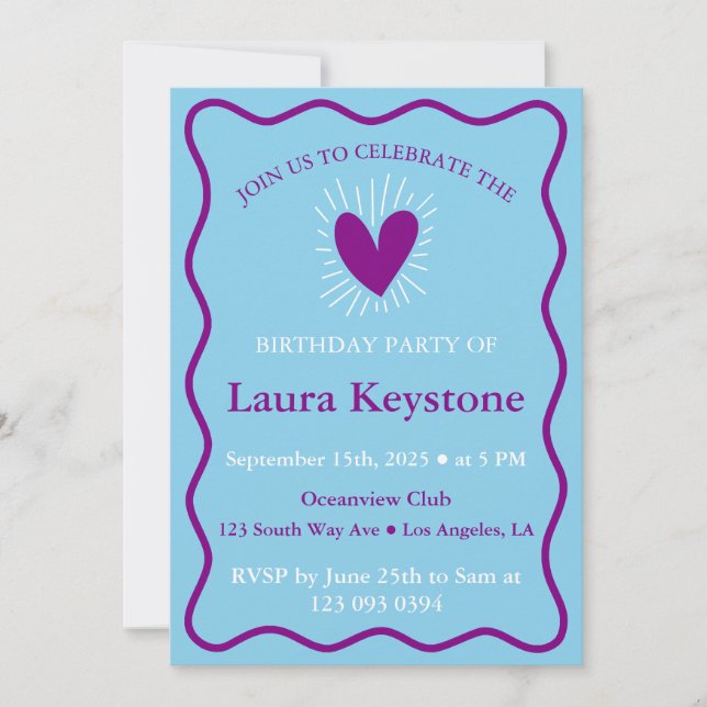 Invitation Berry Purple et Sky Blue Retro Wavy (Devant)