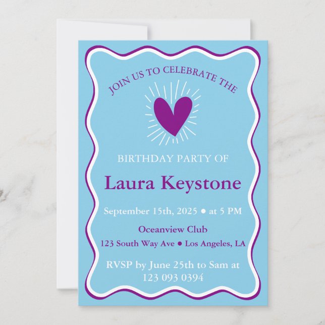 Invitation Berry Purple, Sky Blue & White Retro Wavy (Devant)