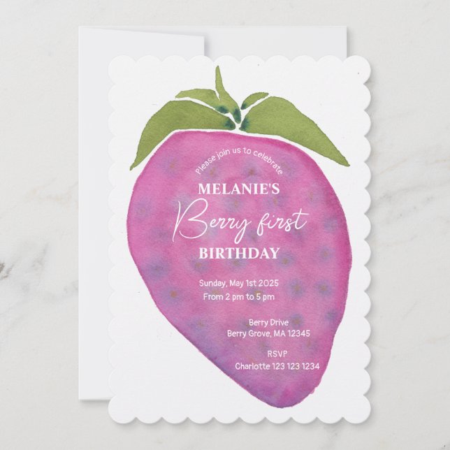 Invitation Berry rose Premier Anniversaire Aquarelle personna (Devant)