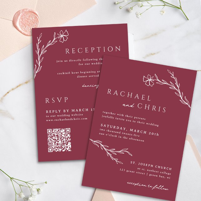 Invitation Berry rose rouge simple Botanique Floral QR Code (Créateur téléchargé)