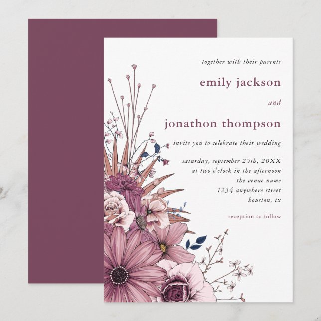 Invitation Berry Rouge Aquarelle rose Florales Mariage de feu (Devant / Derrière)