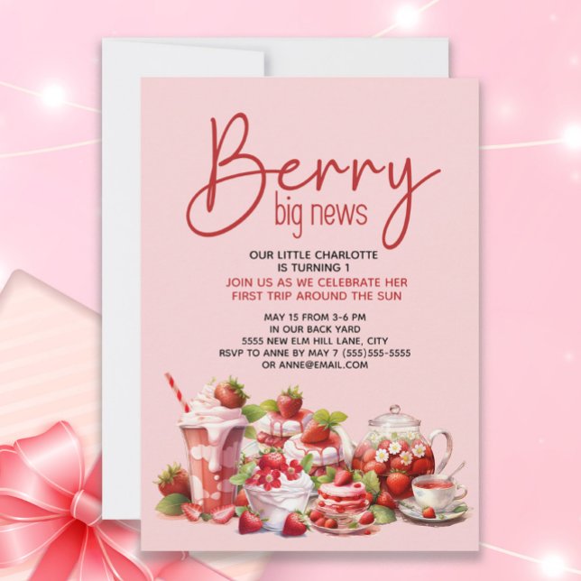 Invitation Berry rouge rose fraise 1er anniversaire ("Berry Big News" Strawberry 1st birthday party invitation for little girls)