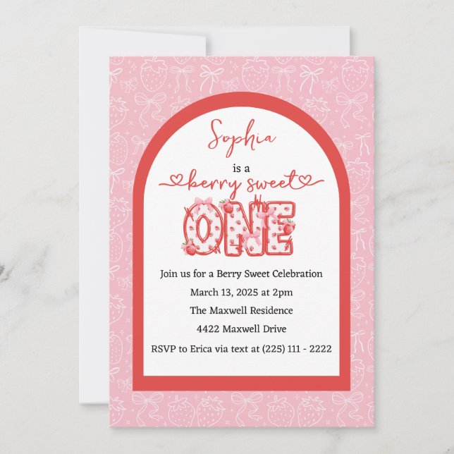 Invitation Berry Rouge rose Sweet One Girl 1er anniversaire (Devant)