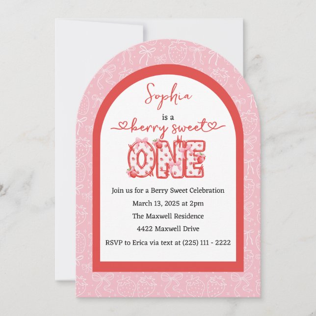 Invitation Berry Rouge rose Sweet One Girl 1er anniversaire (Devant)