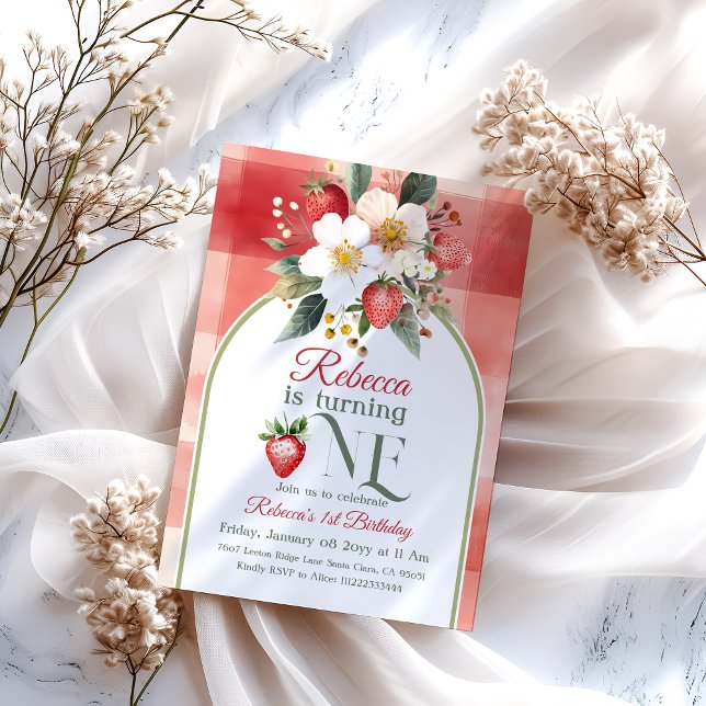 Invitation Berry Rustique Red Strawberry Premier 1er annivers (Créateur téléchargé)