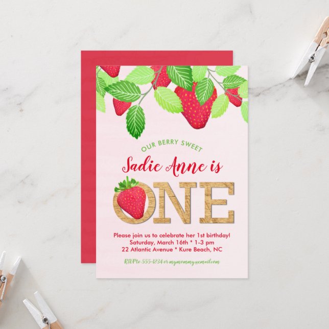 Invitation Berry Rustique sucré fraise 1er anniversaire fille (Devant/Arrière en situation)