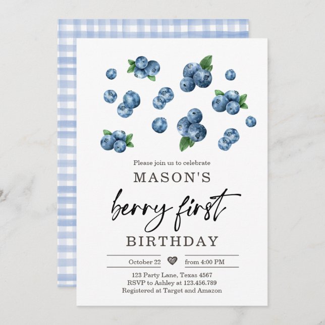 Invitation Berry Sweet 1er anniversaire Boy Blueberry Invitat (Devant / Derrière)
