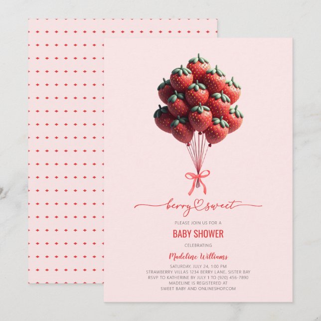 Invitation Berry Sweet Baby Baby shower de ballons fraises (Devant / Derrière)
