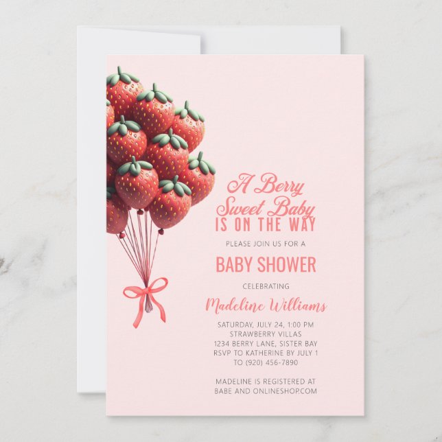 Invitation Berry Sweet Baby Baby shower de ballons fraises (Devant)