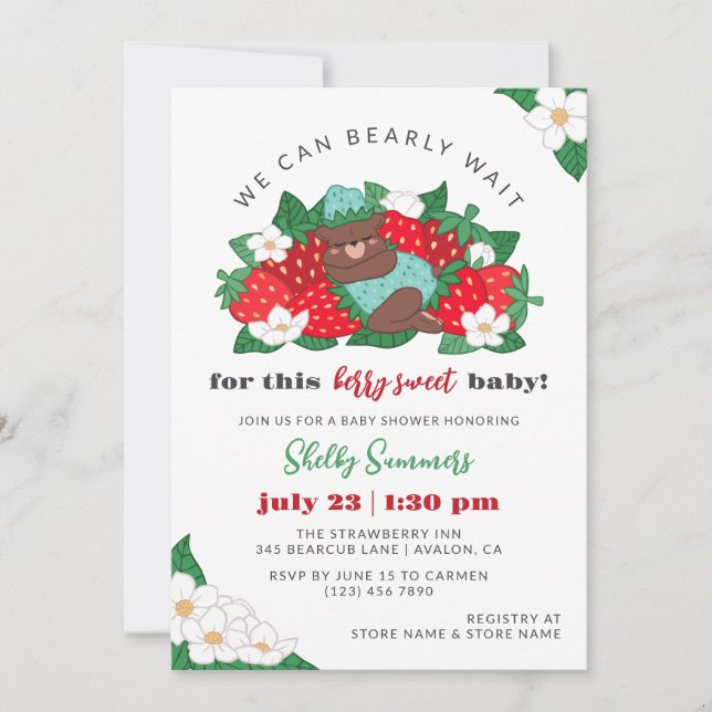 Invitation Berry Sweet Baby Blue Strawberry Boy Baby shower (Devant)