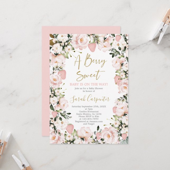 Invitation Berry Sweet Baby shower Girl (Devant/Arrière en situation)