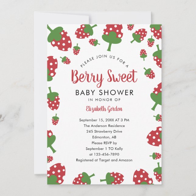Invitation Berry Sweet Baby Shower Strawberry Cute Modern (Devant)