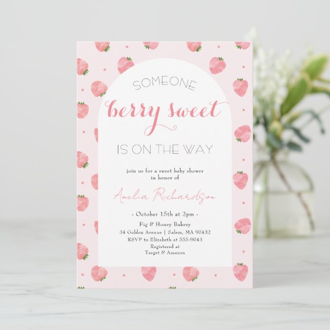 Invitation Berry Sweet Baby sur le chemin Baby shower fraise (Debout devant)