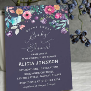 Invitation Berry Sweet Blueberry & Flowers Baby shower