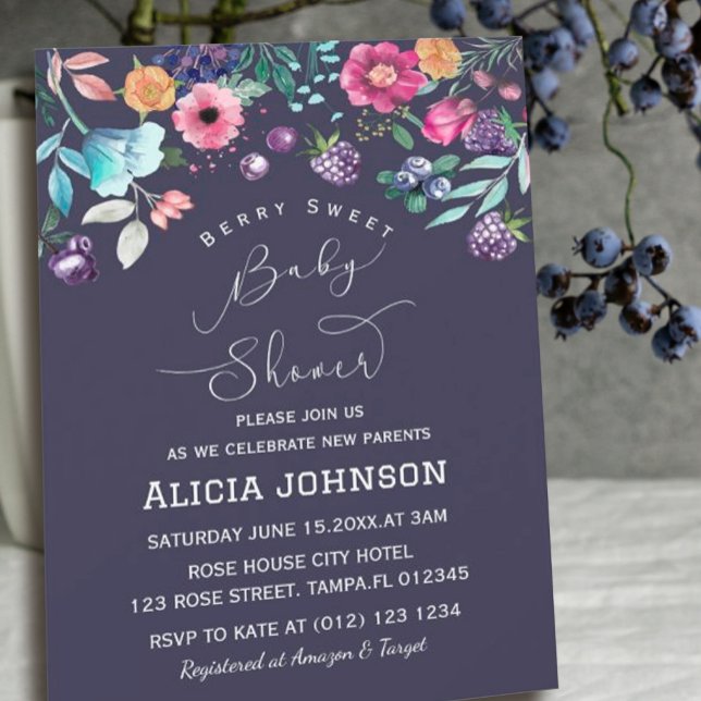 Invitation Berry Sweet Blueberry & Flowers Baby shower (# BerrySweet #watercolor #blueberry, #wildflower,navy,handlettered#spring #berrybabyshower #floral)