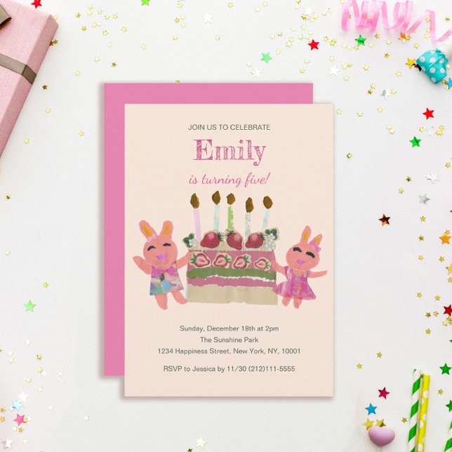 Invitation Berry Sweet Bunny Buddies| Anniversaire rose (Créateur téléchargé)